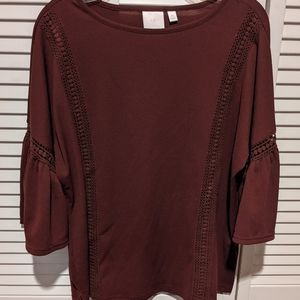 Burgundy three quarter length sleeve with embroidery detail blouse